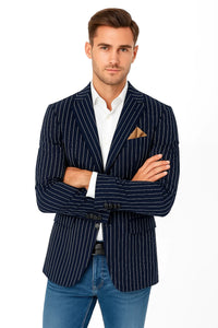 Men's Gangster 1920s Men's Blazer Sport Coat With Bold Chalk Pinstripe Navy ~ Blue