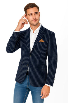 Men's Gangster 1920s Men's Blazer Sport Coat With Bold Chalk Pinstripe Navy ~ Blue - Image 7