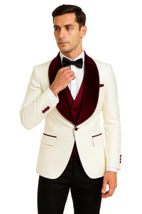 Mens Vested Designer Wide Velvet Wedding Tuxedo in Ivory