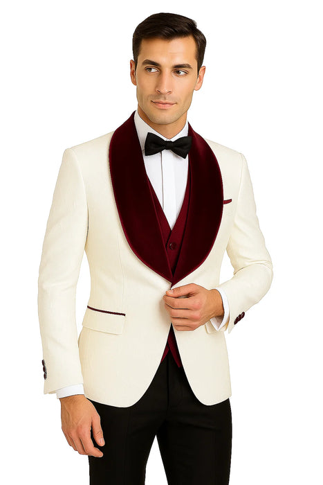 Mens Vested Designer Wide Velvet Wedding Tuxedo in Ivory