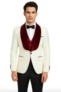 Mens Vested Designer Wide Velvet Wedding Tuxedo in Ivory