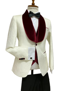 Mens Vested Designer Wide Velvet Wedding Tuxedo in Ivory