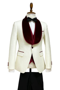 Mens Vested Designer Wide Velvet Wedding Tuxedo in Ivory