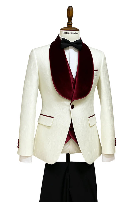 Mens Vested Designer Wide Velvet Wedding Tuxedo in Ivory