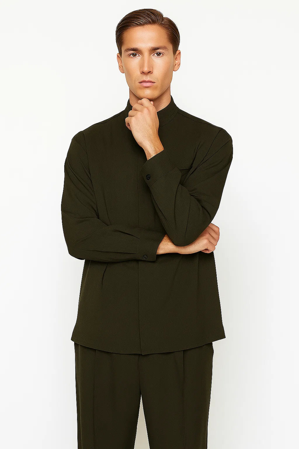 Mens Two Piece Walking Suit Solid Bend Collar Olive