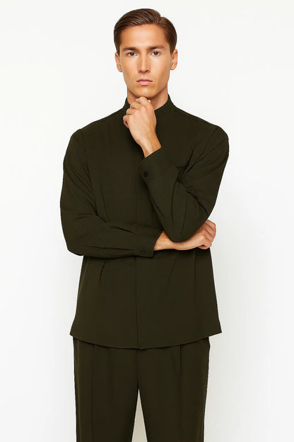 Mens Two Piece Walking Suit Solid Bend Collar Olive