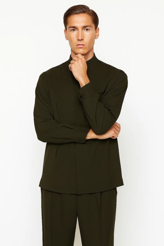 Mens Two Piece Walking Suit Solid Bend Collar Olive