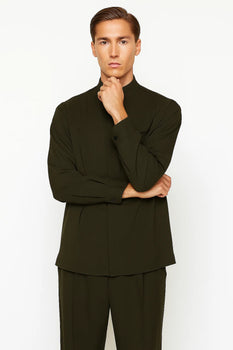 Mens Two Piece Walking Suit Solid Bend Collar Olive