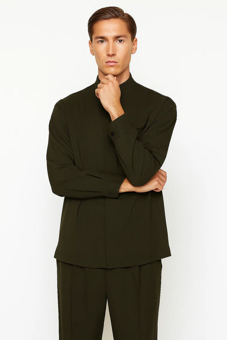 Mens Two Piece Walking Suit Solid Bend Collar Olive