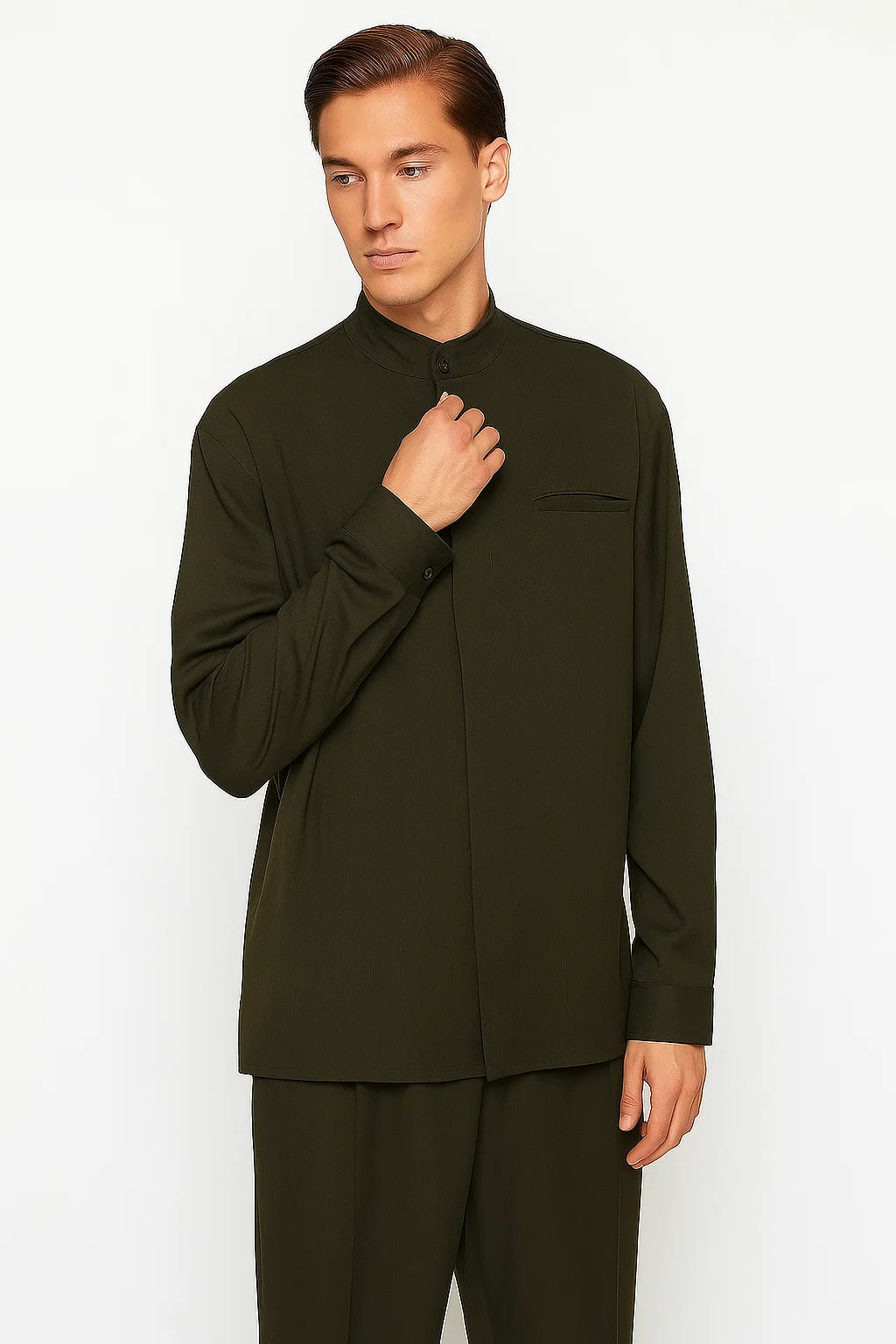 Mens Two Piece Walking Suit Solid Bend Collar Olive