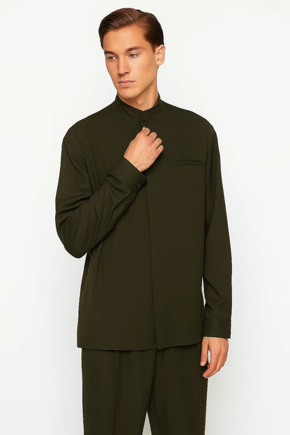 Mens Two Piece Walking Suit Solid Bend Collar Olive