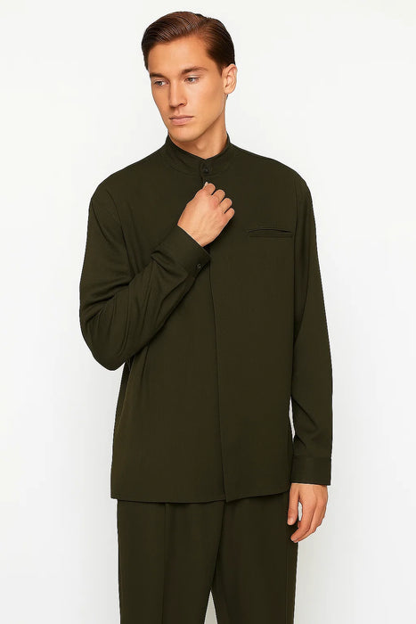 Mens Two Piece Walking Suit Solid Bend Collar Olive