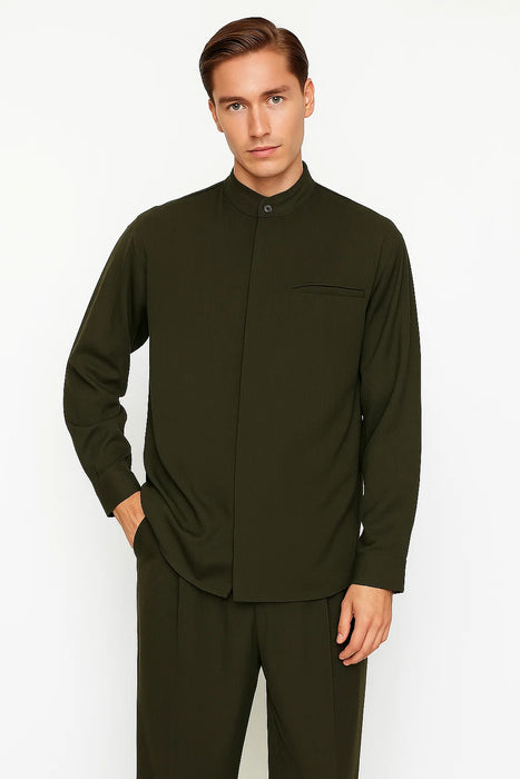 Mens Two Piece Walking Suit Solid Bend Collar Olive