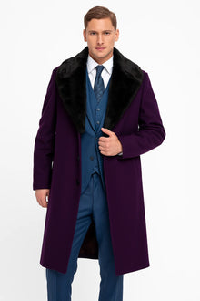 Purple Overcoat ~ Long Men's Dress Topcoat -  Winter coat With Fur Collar in and Fabric