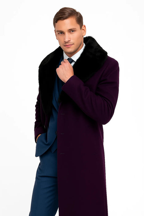 Purple Overcoat ~ Long Men's Dress Topcoat -  Winter coat With Fur Collar in and Fabric