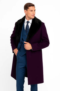 Purple Overcoat ~ Long Men's Dress Topcoat -  Winter coat With Fur Collar in and Fabric