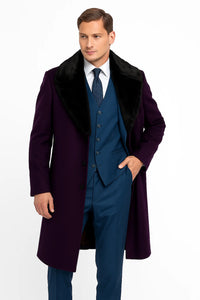 Purple Overcoat ~ Long Men's Dress Topcoat -  Winter coat With Fur Collar in and Fabric