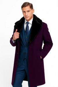 Purple Overcoat ~ Long Men's Dress Topcoat -  Winter coat With Fur Collar in and Fabric