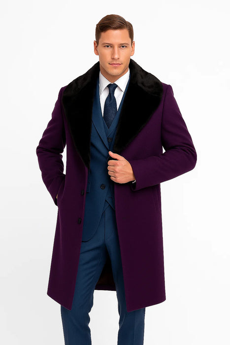 Purple Overcoat ~ Long Men's Dress Topcoat -  Winter coat With Fur Collar in and Fabric