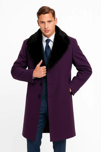 Purple Overcoat ~ Long Men's Dress Topcoat -  Winter coat With Fur Collar in and Fabric