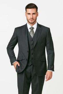 Men's Charcoal Pinstripe 3 Piece 2 Button Italian Designer Suit Flat Front No Pleated Pants - Three Piece Suit