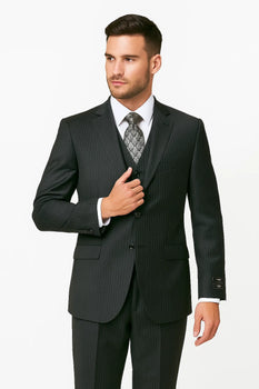 Men's Charcoal Pinstripe 3 Piece 2 Button Italian Designer Suit Flat Front No Pleated Pants - Three Piece Suit - Image 6