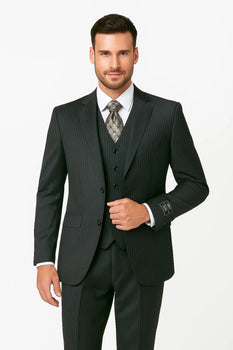 Men's Charcoal Pinstripe 3 Piece 2 Button Italian Designer Suit Flat Front No Pleated Pants - Three Piece Suit - Image 5