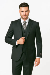Men's Charcoal Pinstripe 3 Piece 2 Button Italian Designer Suit Flat Front No Pleated Pants - Three Piece Suit