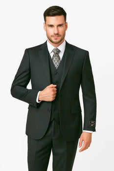 Men's Charcoal Pinstripe 3 Piece 2 Button Italian Designer Suit Flat Front No Pleated Pants - Three Piece Suit - Image 7