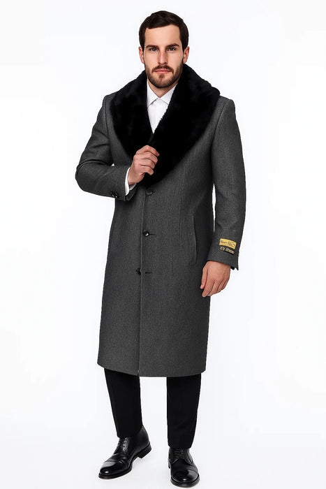 Men's Grey Full Length Wool Dress Top Coat / Overcoat