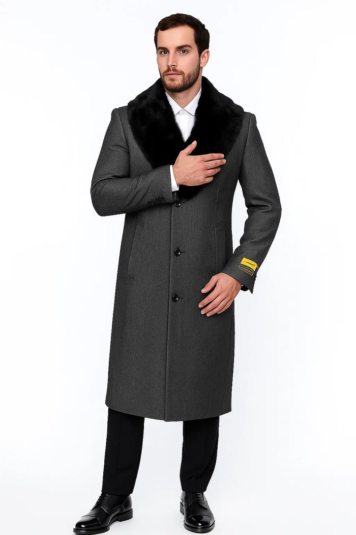 Men's Grey Full Length Wool Dress Top Coat / Overcoat - Image 3