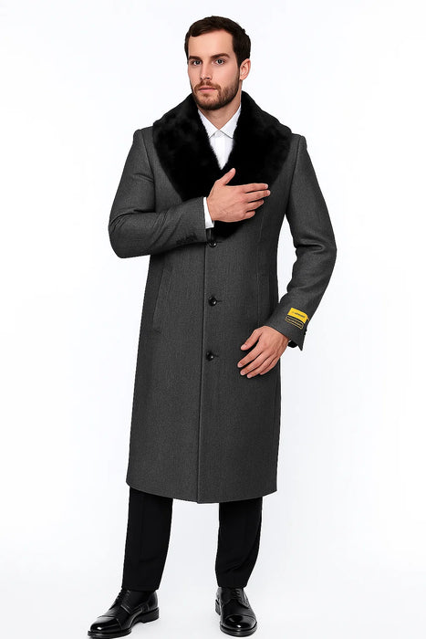 Men's Grey Full Length Wool Dress Top Coat / Overcoat