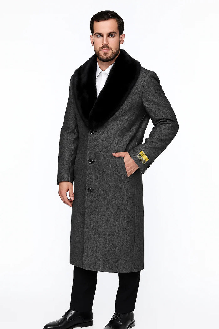 Men's Grey Full Length Wool Dress Top Coat / Overcoat - Image 4