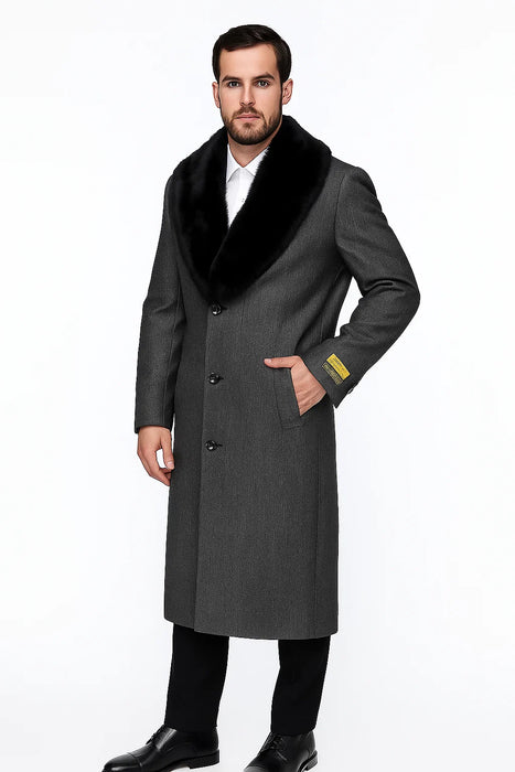 Men's Grey Full Length Wool Dress Top Coat / Overcoat