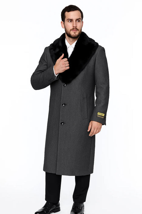 Men's Grey Full Length Wool Dress Top Coat / Overcoat