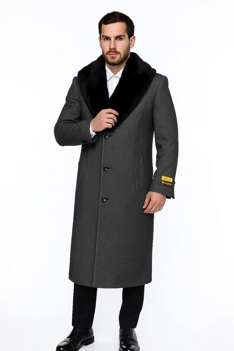 Men's Grey Full Length Wool Dress Top Coat / Overcoat