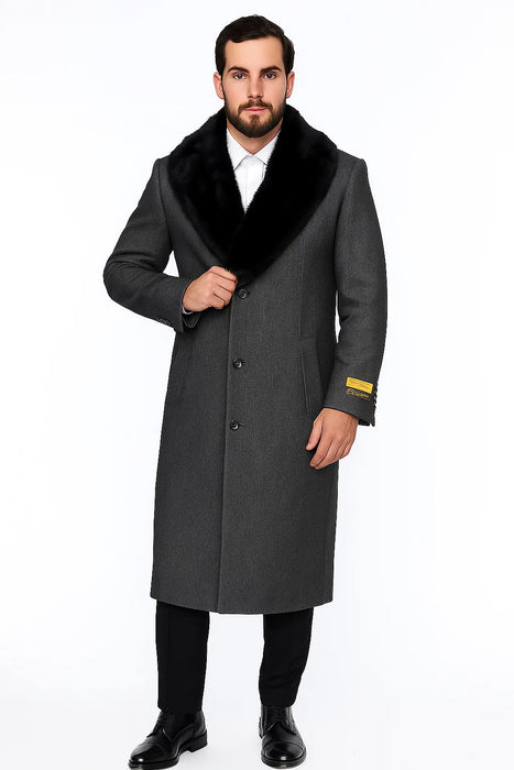 Men's Grey Full Length Wool Dress Top Coat / Overcoat