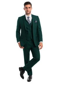 Mens Forest Green 3 Piece 2 Button Slim Fit Suit