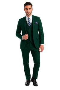 Mens Forest Green 3 Piece 2 Button Slim Fit Suit