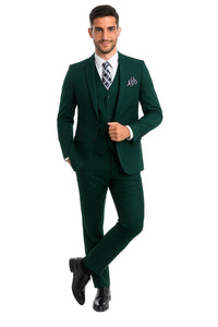 Mens Forest Green 3 Piece 2 Button Slim Fit Suit