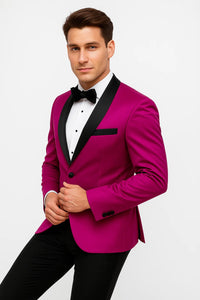 Mens Fuchsia Pink Satin Tuxedo Jacket with Black Peak Lapel – Bold Slim Fit Formal Suit