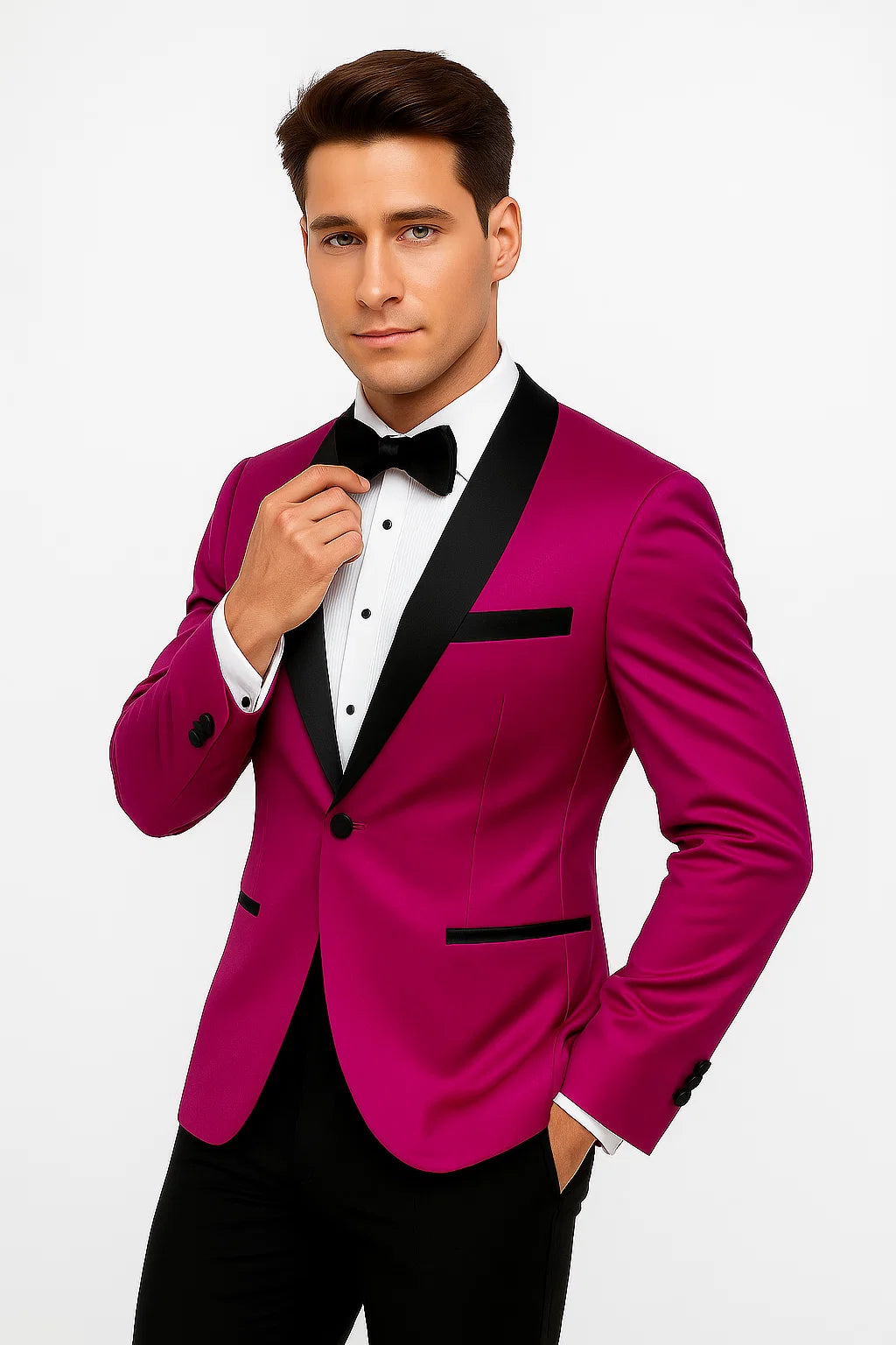 Mens Fuchsia Pink Satin Tuxedo Jacket with Black Peak Lapel – Bold Slim Fit Formal Suit - Image 3