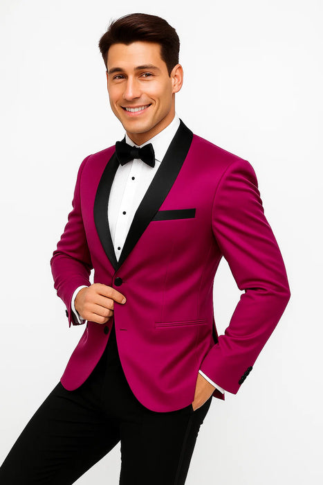 Mens Fuchsia Pink Satin Tuxedo Jacket with Black Peak Lapel – Bold Slim Fit Formal Suit