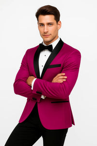 Mens Fuchsia Pink Satin Tuxedo Jacket with Black Peak Lapel – Bold Slim Fit Formal Suit