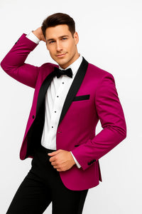 Mens Fuchsia Pink Satin Tuxedo Jacket with Black Peak Lapel – Bold Slim Fit Formal Suit
