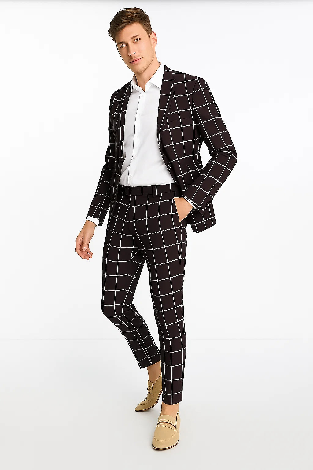 Black Plaid Suit - Black and Bold White Windowpane Suit - 2 Button Suit - Image 7