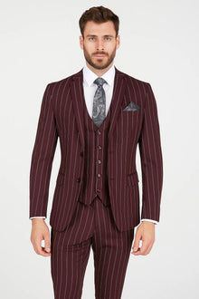 Men's Bold Gangster 1920s Burgundy Suit Vintage Dark Burgundy ~ White Gangster Bold Stripe 2 Buttons Vested Suit Black and Bold White Stripe (MO845)