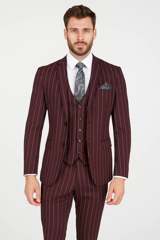 Men's Bold Gangster 1920s Burgundy Suit Vintage Dark Burgundy ~ White Gangster Bold Stripe 2 Buttons Vested Suit Black and Bold White Stripe (MO845)