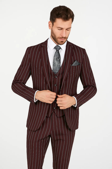Men's Bold Gangster 1920s Burgundy Suit Vintage Dark Burgundy ~ White Gangster Bold Stripe 2 Buttons Vested Suit Black and Bold White Stripe (MO845)