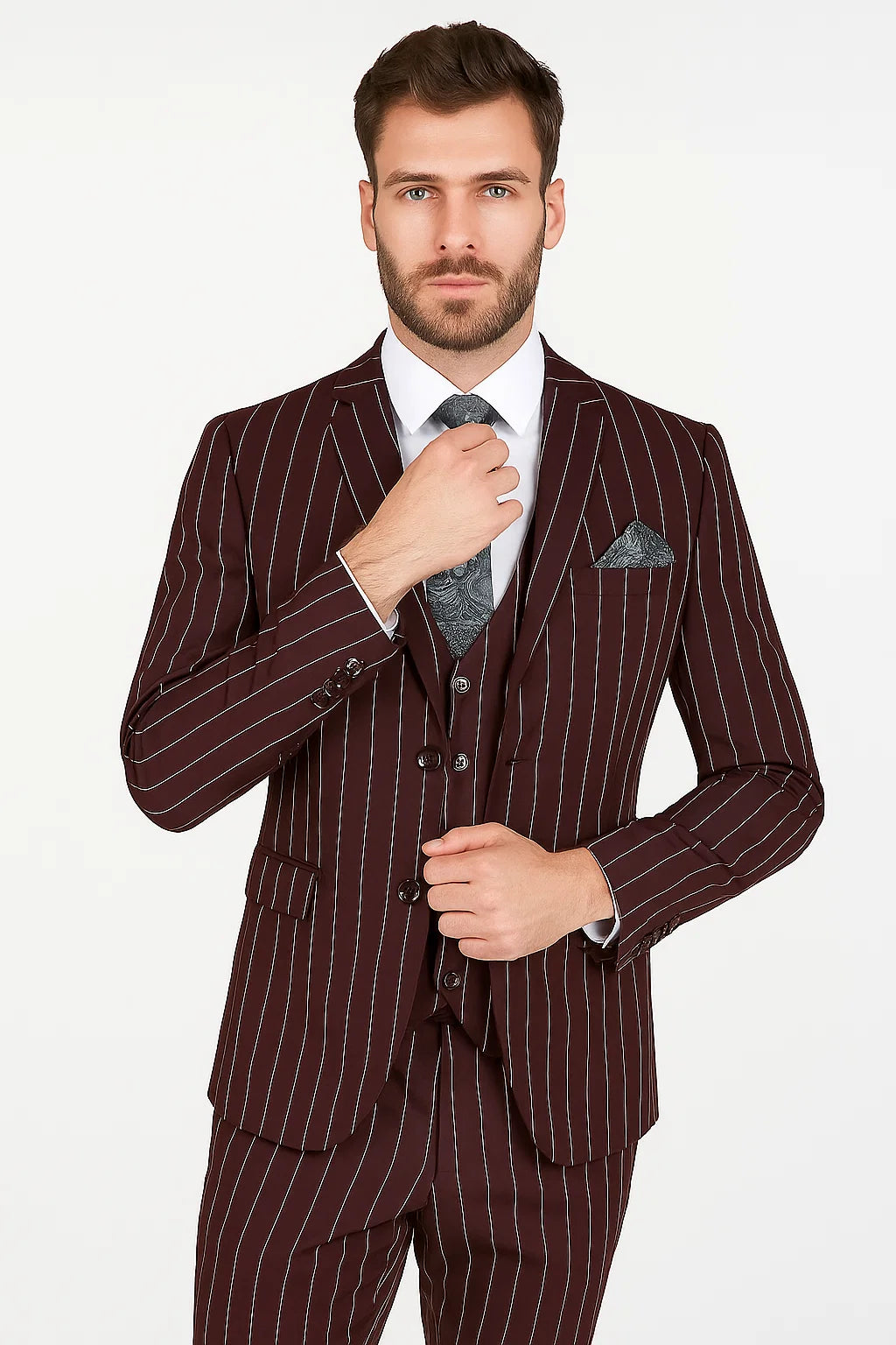 Men's Bold Gangster 1920s Burgundy Suit Vintage Dark Burgundy ~ White Gangster Bold Stripe 2 Buttons Vested Suit Black and Bold White Stripe (MO845) - Image 2